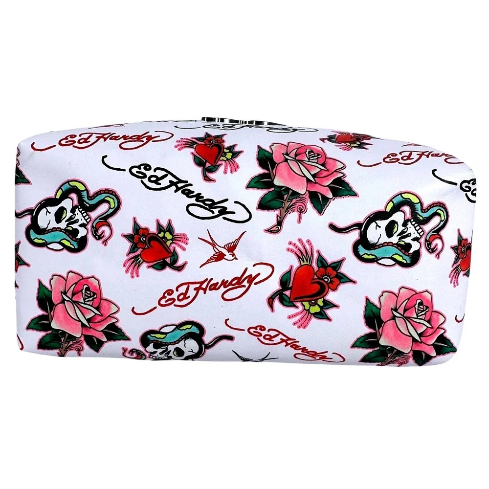 Ed Hardy Loaf Style Cosmetic Bag White Tattoo Print Vegan Leather Makeup Pouch